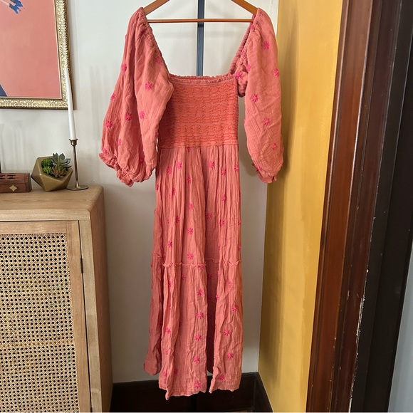 Free People Dahlia Embroidered Maxi Dress Tiered Coral Pink Floral Size L - Picture 3 of 10